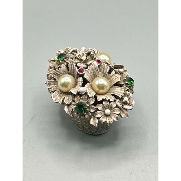 Vintage Florenza Small Enameled Trinket Box Basket of Flowers Rhinestones Pearls - Picture 3 of 14